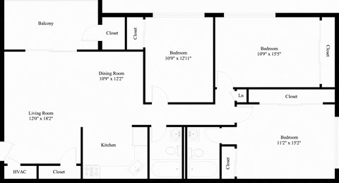 Floor plan for 3 beds, 2 baths, 1198 sqft